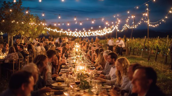 large outdoor dinner event with lights